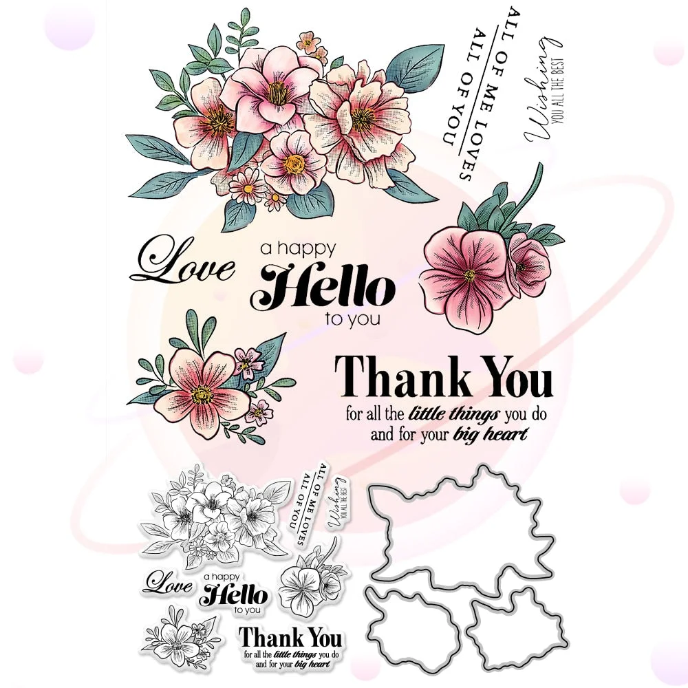 Flower Metal Cutting Dies and Clear Stamp Template for DIY Scrapbooking Photo Album Craft Thank You Paper Card Making Decorative