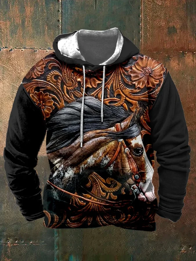 Men's Retro Three-Dimensional Carved Horse Print Hooded Sweatshirt
