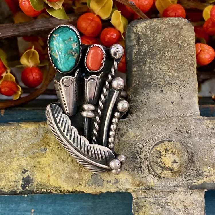 Turquoise and Red Coral Feather and Blossom Ring Navajo Sterling Silver 6 3/4