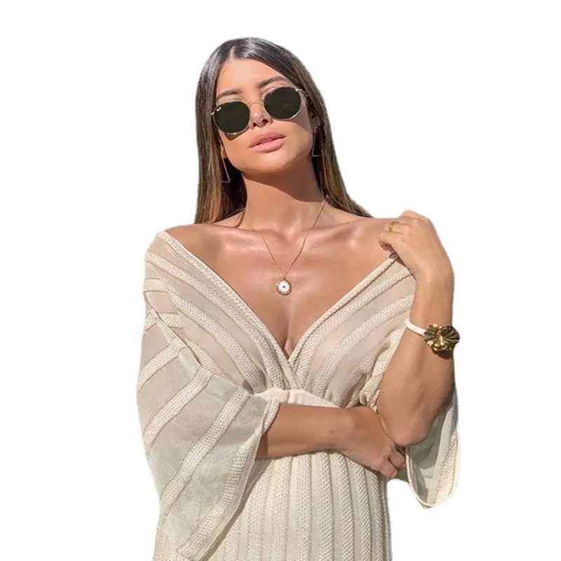 Uveng Uveng Summer New Women's Sexy Thin Dress V Collar Shawl Sleeve Hollow White Dress