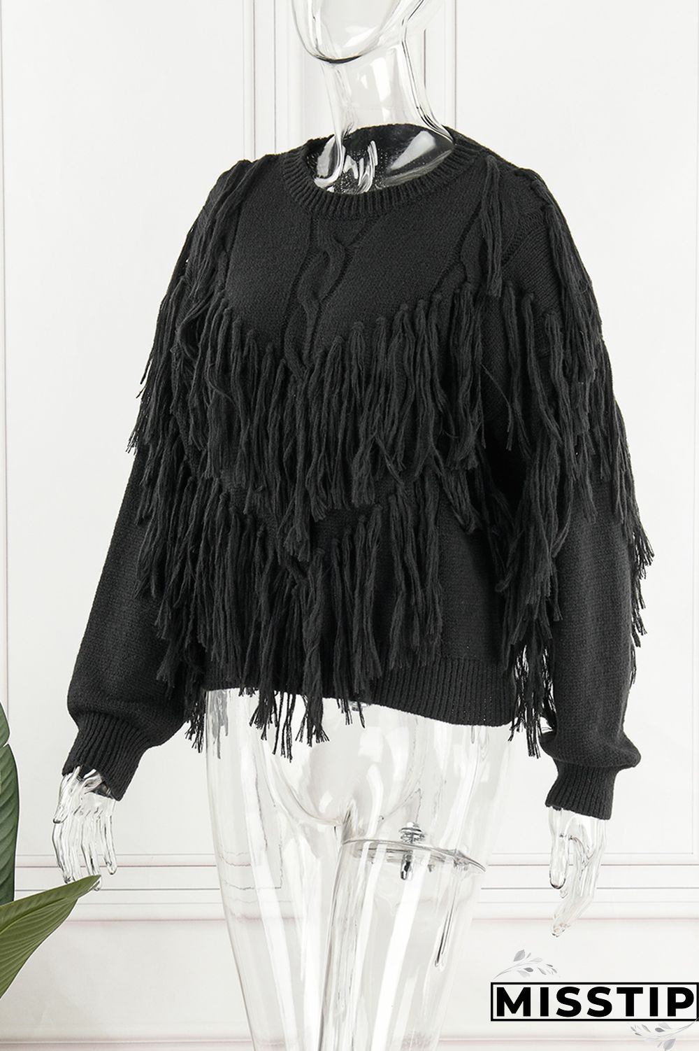 Black Casual Solid Tassel O Neck Tops
