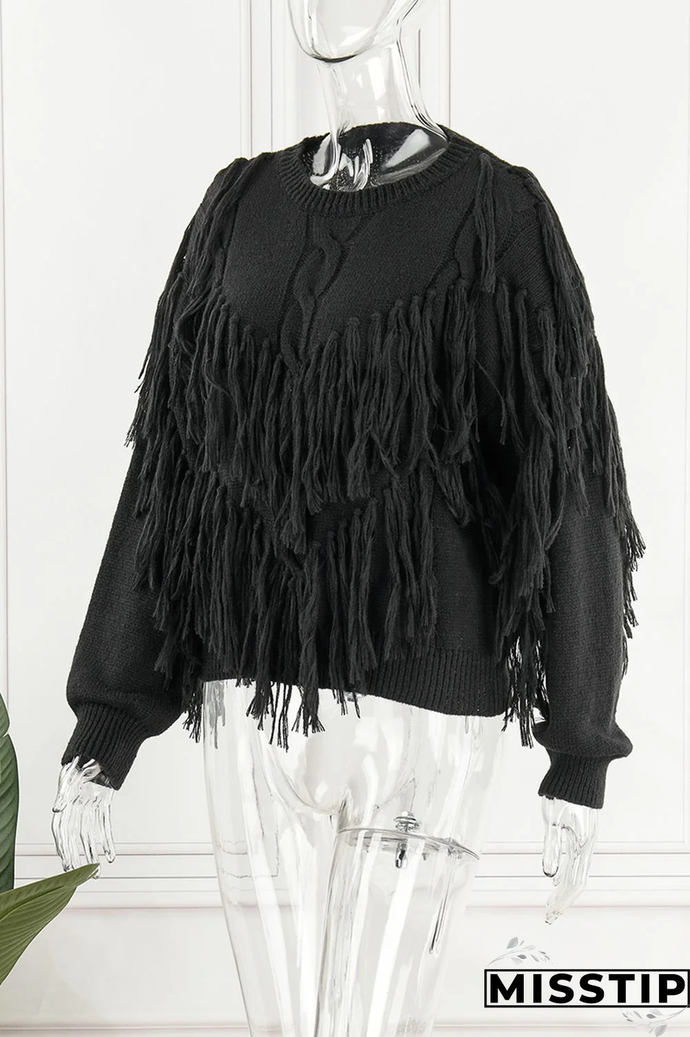 Black Casual Solid Tassel O Neck Tops