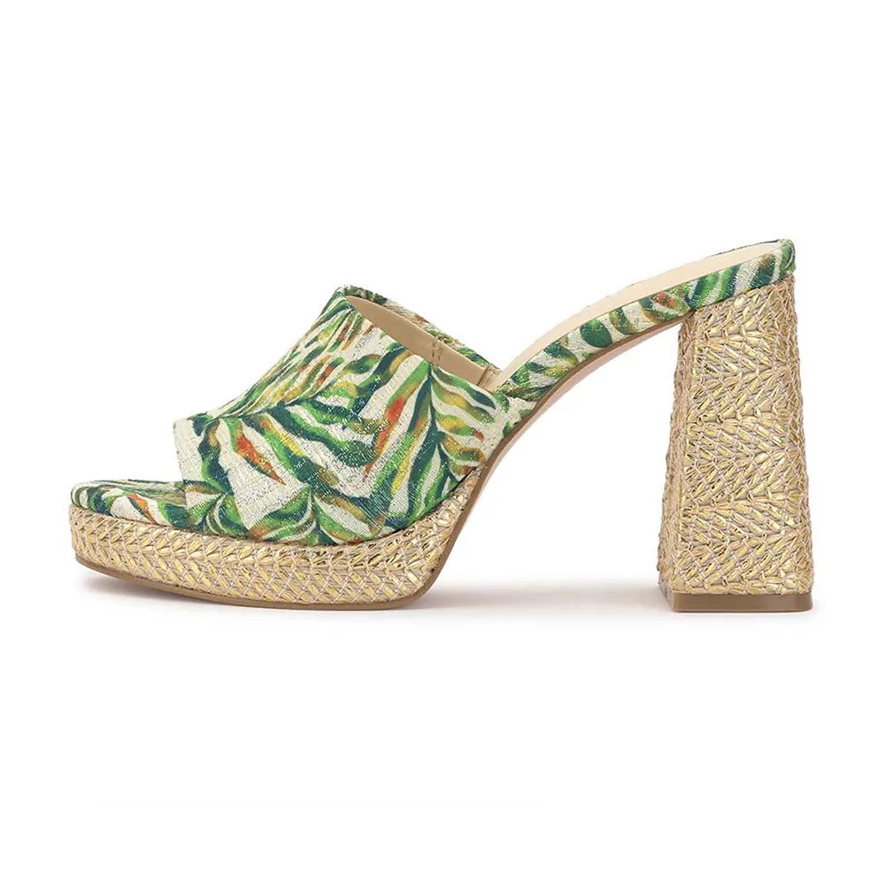 Multicolor Leaves Print Woven Women's Heel Sandals with Platform