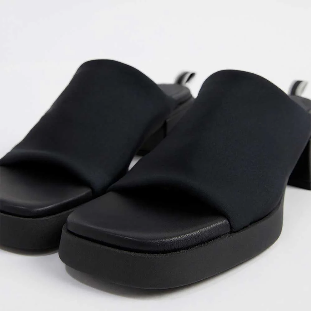 Black Lycra Open Toe Chunky Heel Platform Slip On Mule Shoes for Women