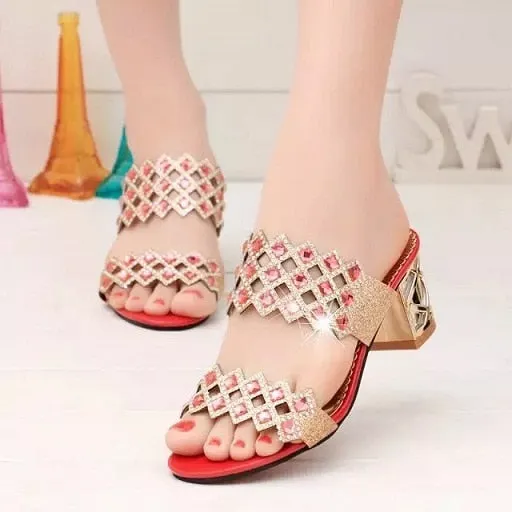 2020 Hot Summer Elegant Fashion Women Casual Shoes Thick with Sandals Peep-toe Beach Shoes Mid Heel Bright Gold Silver 4 Color