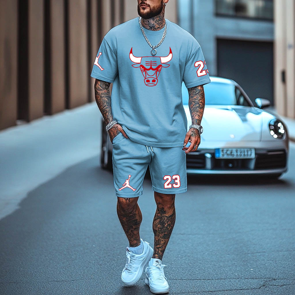 Unisex Basketball Print Oversized Streetwear Sky Blue Short-Sleeved T-shirt And Shorts Set