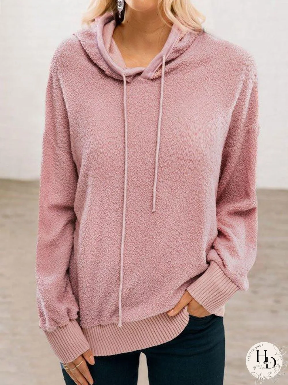 Hoodie Long Sleeve Solid Cotton-Blend Sweater