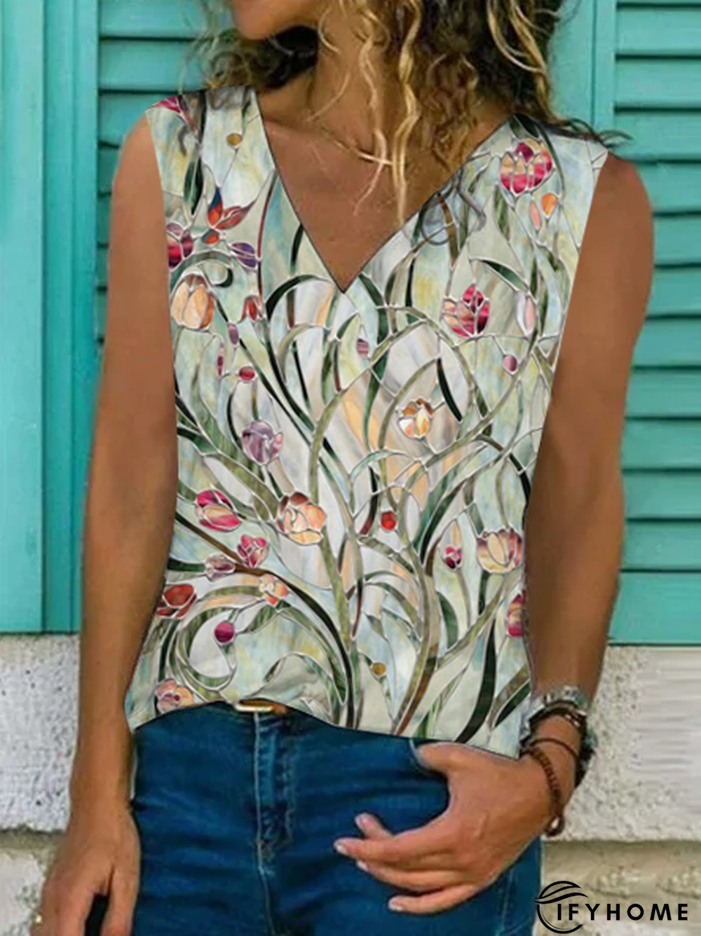 Loose Floral V Neck Casual Tunic Tank & Cami | IFYHOME