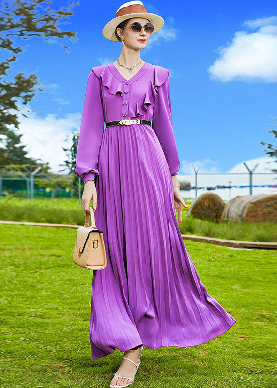 VCSHOES Purple V Neck Patchwork Ruffles Chiffon Pleated Dress Spring
