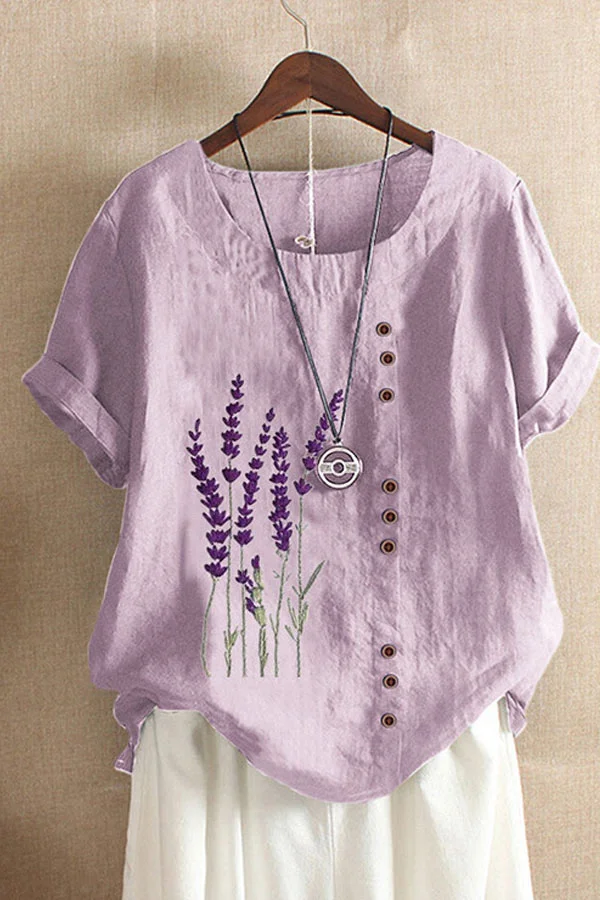 Casual Retro Lavender Printed Button T-shirt