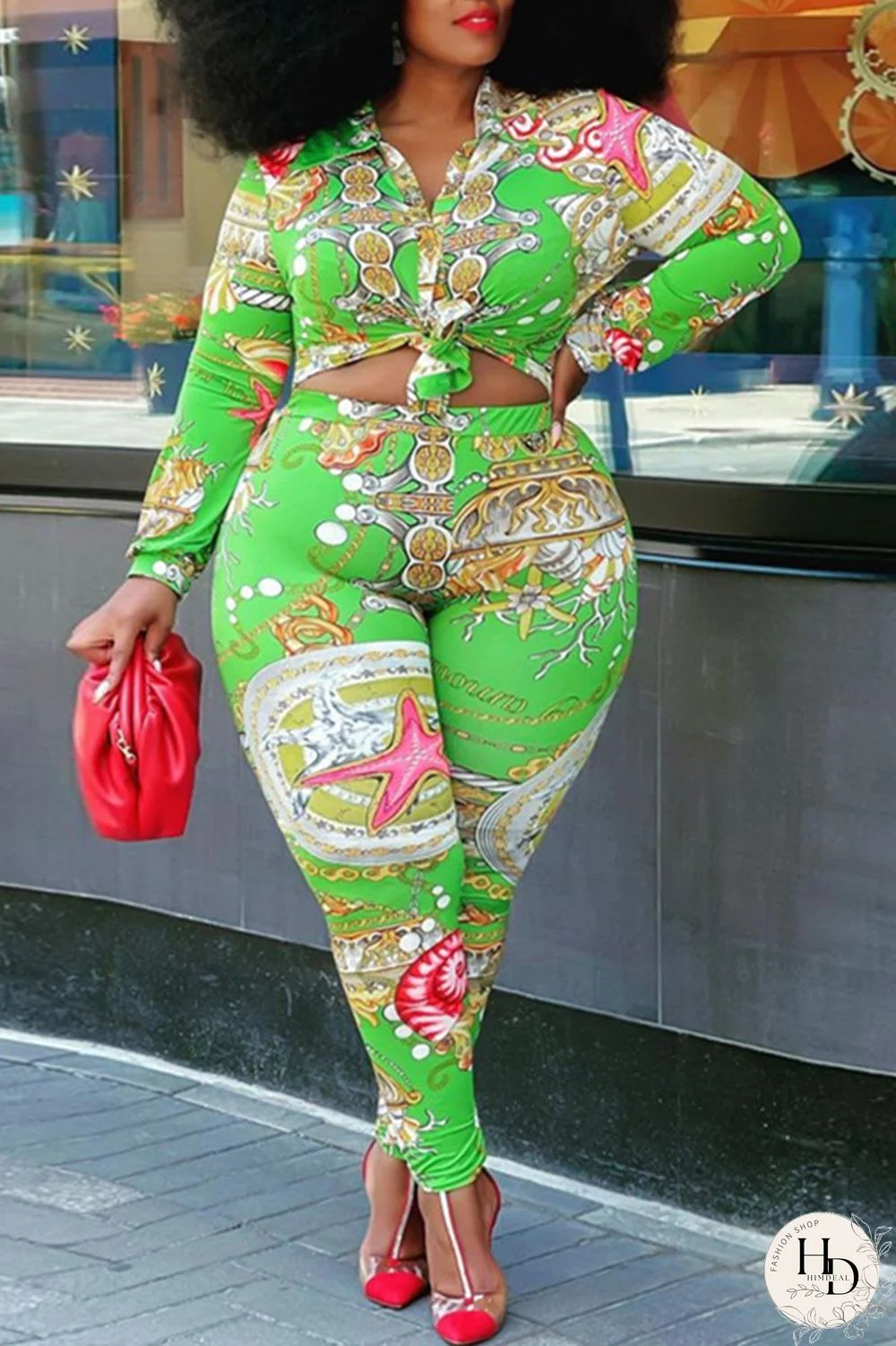 Green Fashion Casual Print Cardigan Turndown Collar Plus Size Two Pieces