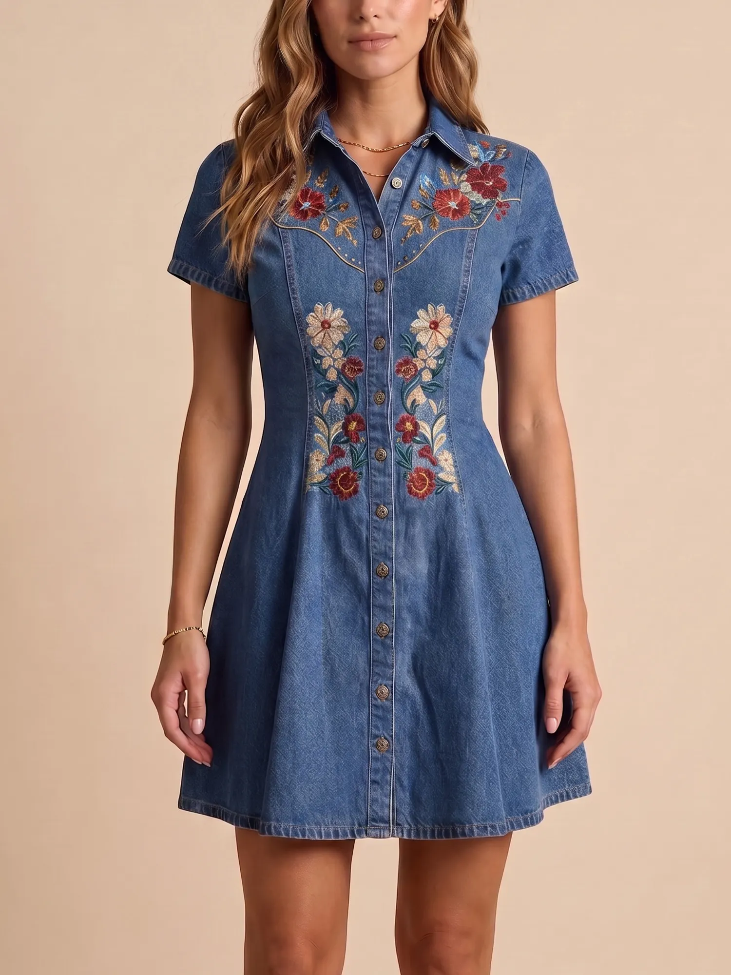 Western Dress &mdash; Denim Boho Chic Rose Patterned Waist Mini Dress