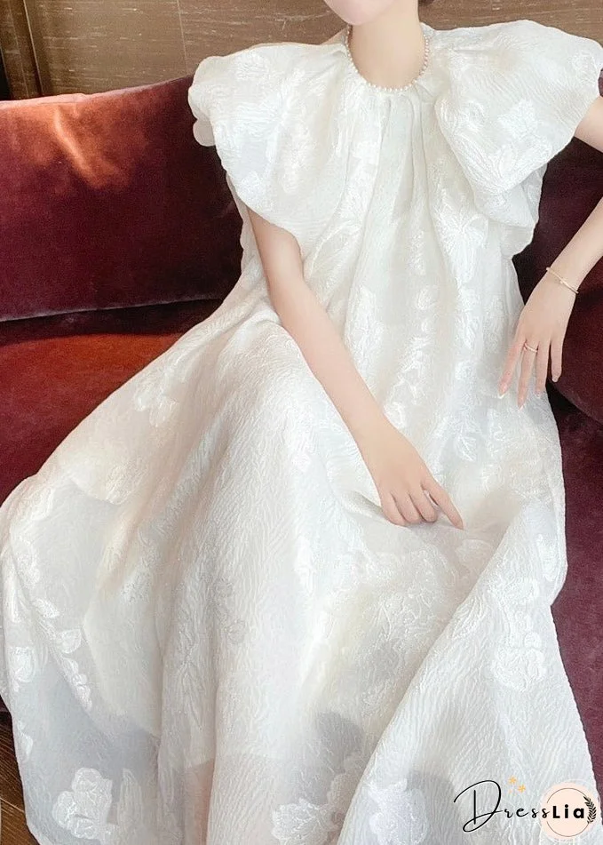 Jacquard White O-Neck Silk Long Dresses Short Sleeve