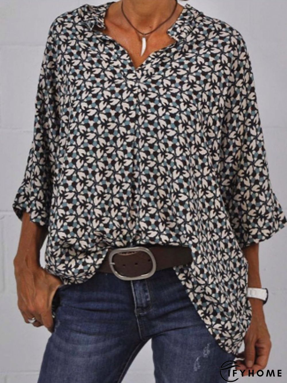 Floral Polyester Cotton Shirt Collar Tunic Top | IFYHOME