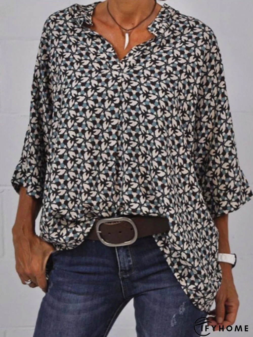 Floral Polyester Cotton Shirt Collar Tunic Top | IFYHOME