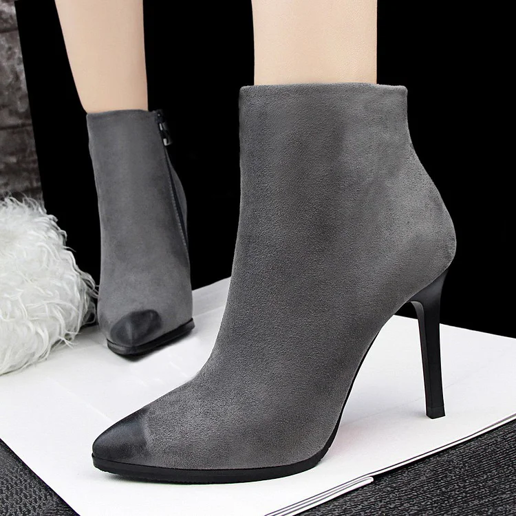 Grey Suede Vintage Pointy Toe Stiletto Ankle Booties Vdcoo