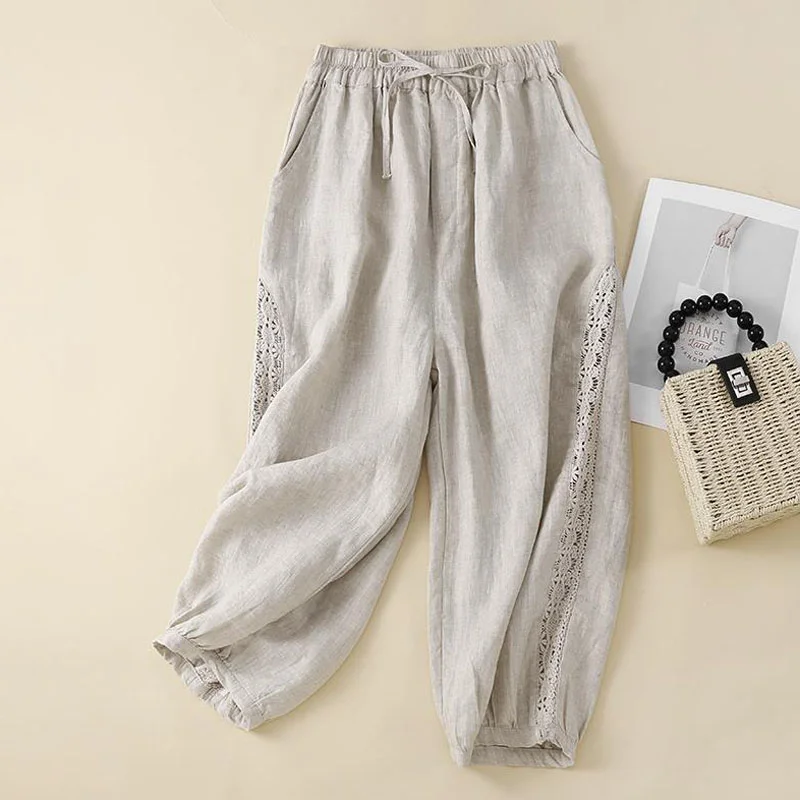Cotton Linen Lace Casual Pants