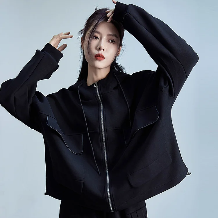 Simple Zipper Hooded Bat Sleeve Jacket - yankia