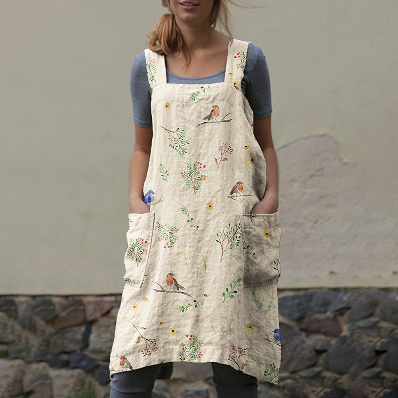 Comstylish Farm Art Print Sling Pocket Apron Midi Dress