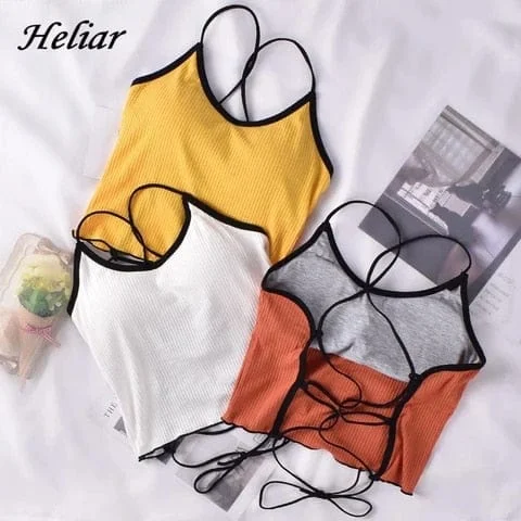 Pornhint HELIAR Underwear Cotton Tops Women Backless Sexy Skinny Halter Crop Tops Women Spaghetti Straps Camis For Women 2023 Summer
