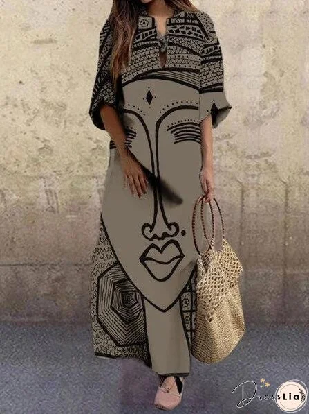 Loose Face Print V-neck Dress