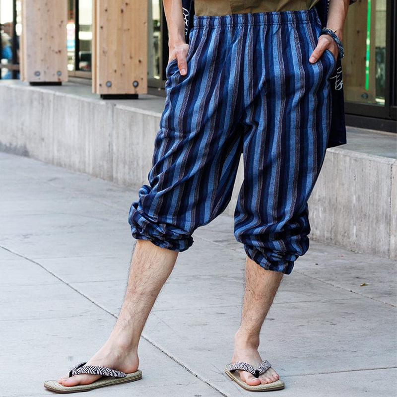 Men's Cotton Multicolor Blue Stripe Casual Pants