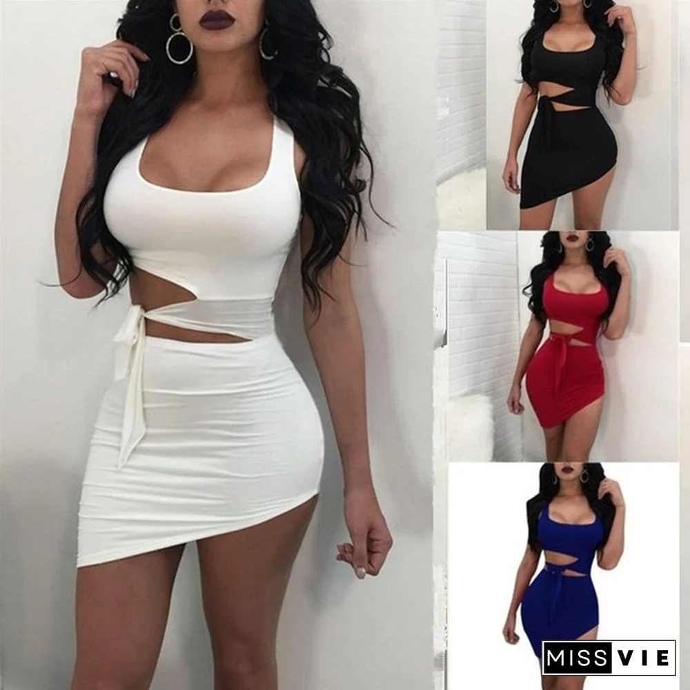 Women Sleeveless Slip Crop tops Hollow Out Bodycon Irregular Mini Dress