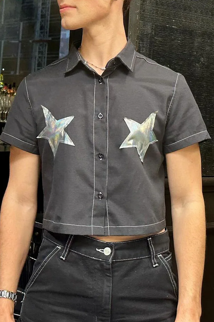 Metallic Star Patchwork Casual Crop Shirt [Pre-Order]