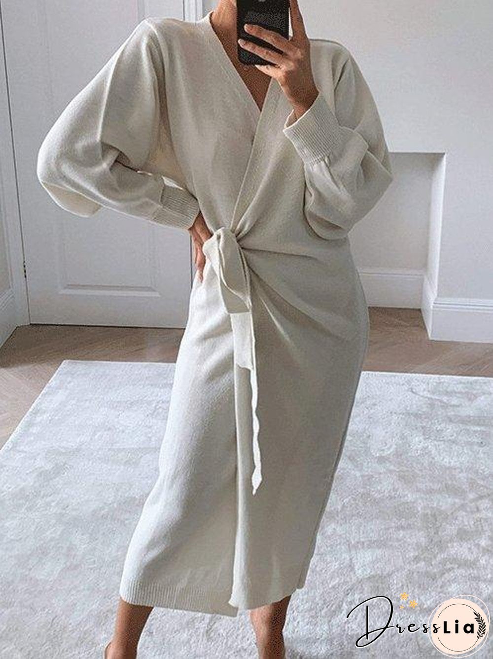 Solid V-Neck Tie Long Sleeve Split Dress