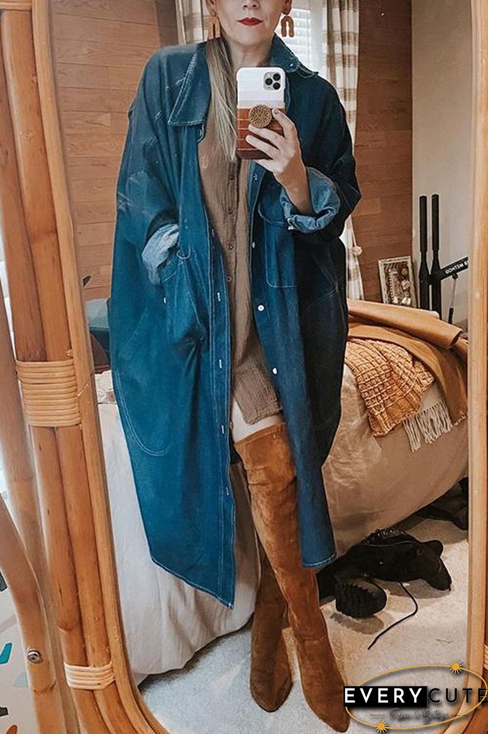 Button Pockets Denim Trench Coat