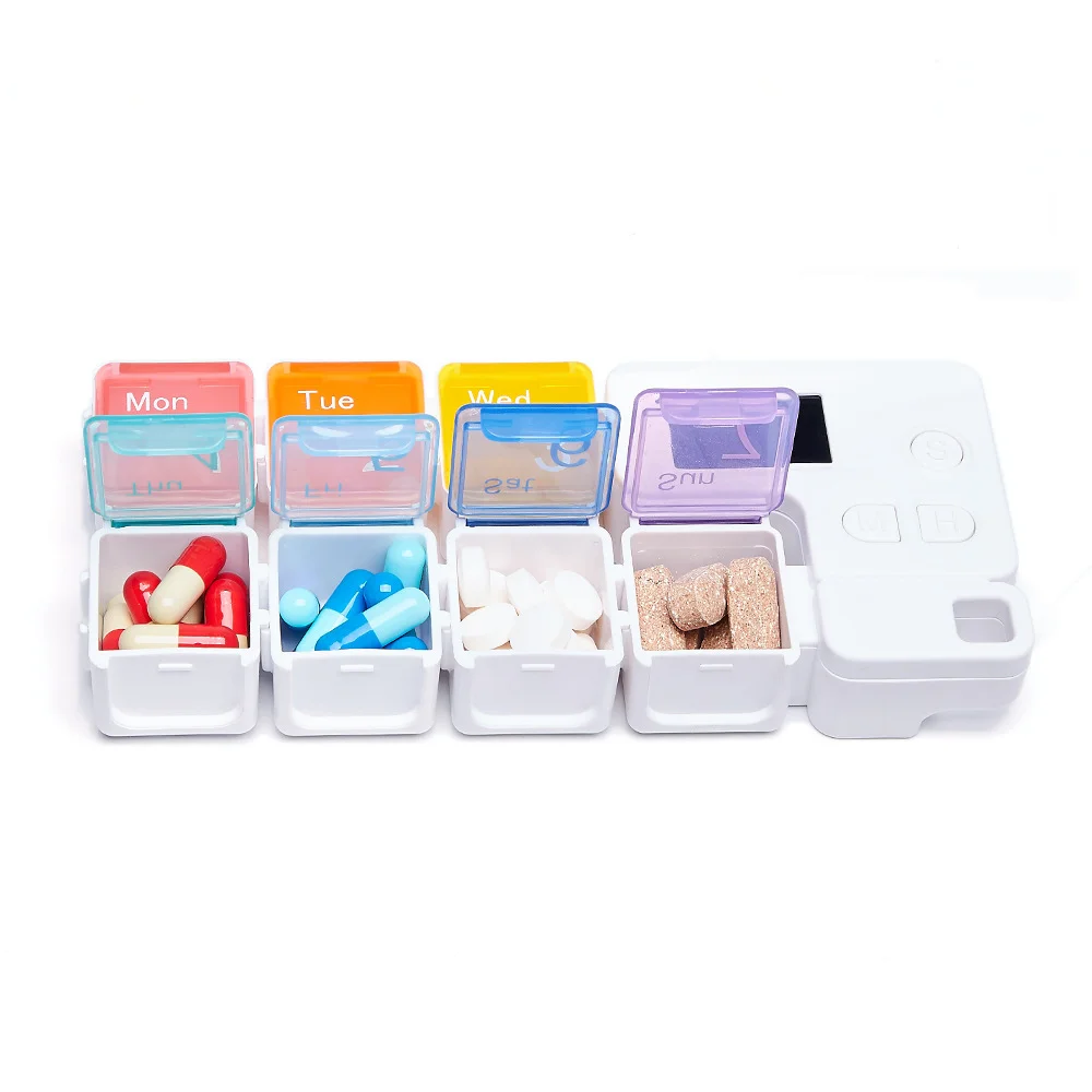 7 przedziałów tydzień przechowywania Carry-on Plastic Pill Box przenośny uszczelniony wilgotny-proof dozowania elektroniczny przypomnienie Timing inteligentny Pill Box