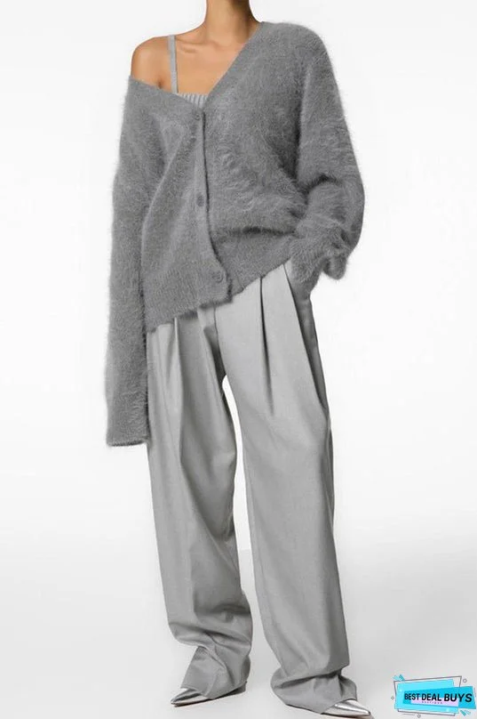 Solid Color Loose V-neck Long-sleeved Lazy Knitted Cardigan