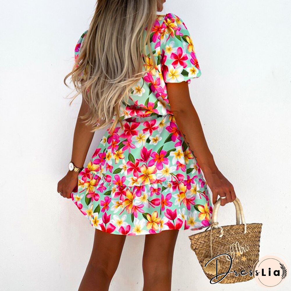 Summer Short Sleeve Floral Print Dress Women Round Neck Boho A Line Beach Party Mini Dress Holiday Ladies Pleated Vestidos D30