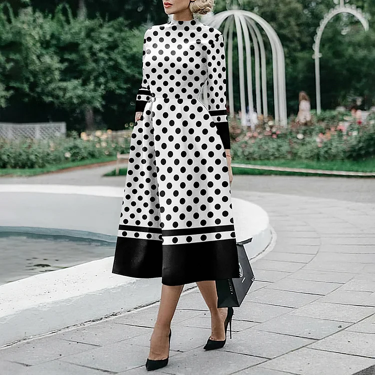 Vefave Elegant Polka Dot Contrast Panel Midi Dress