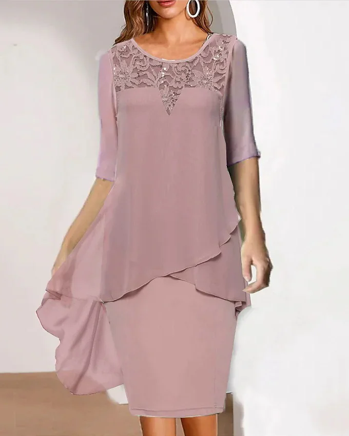 Lace Sequined Chiffon Panel Mid-Sleeve Dress