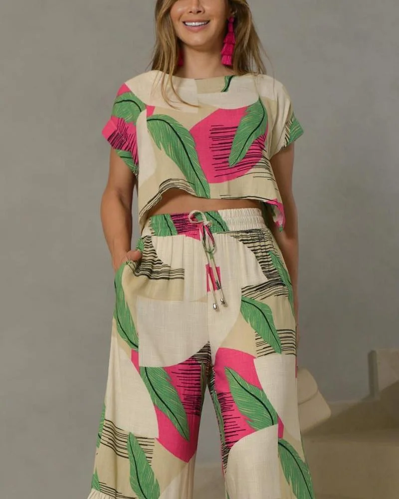 Round Neck Top Flared Pants Suit