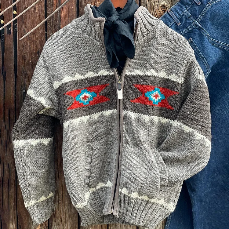 Utbros Vintage Navajo Jacquard Western Tv Show Inspired Cozy Knit Lapel Unisex Cardigan