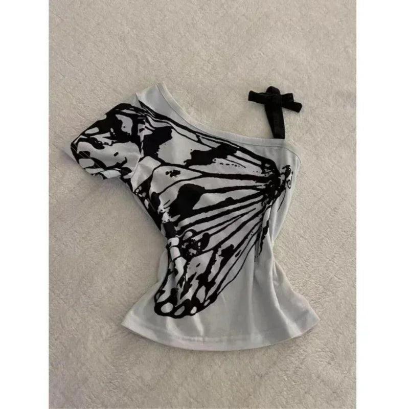 Aiertu Summer Fake Two Pieces Halter Bandage Vintage T-shirts Y2k Aesthetic Slim Crop Tops Women Grunge Print Harajuku Casual Sexy Tee Aiertu