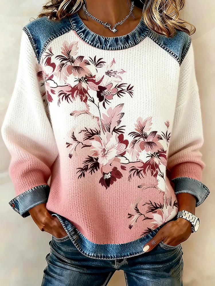 Women's winter pink floral gradient print round neck top 