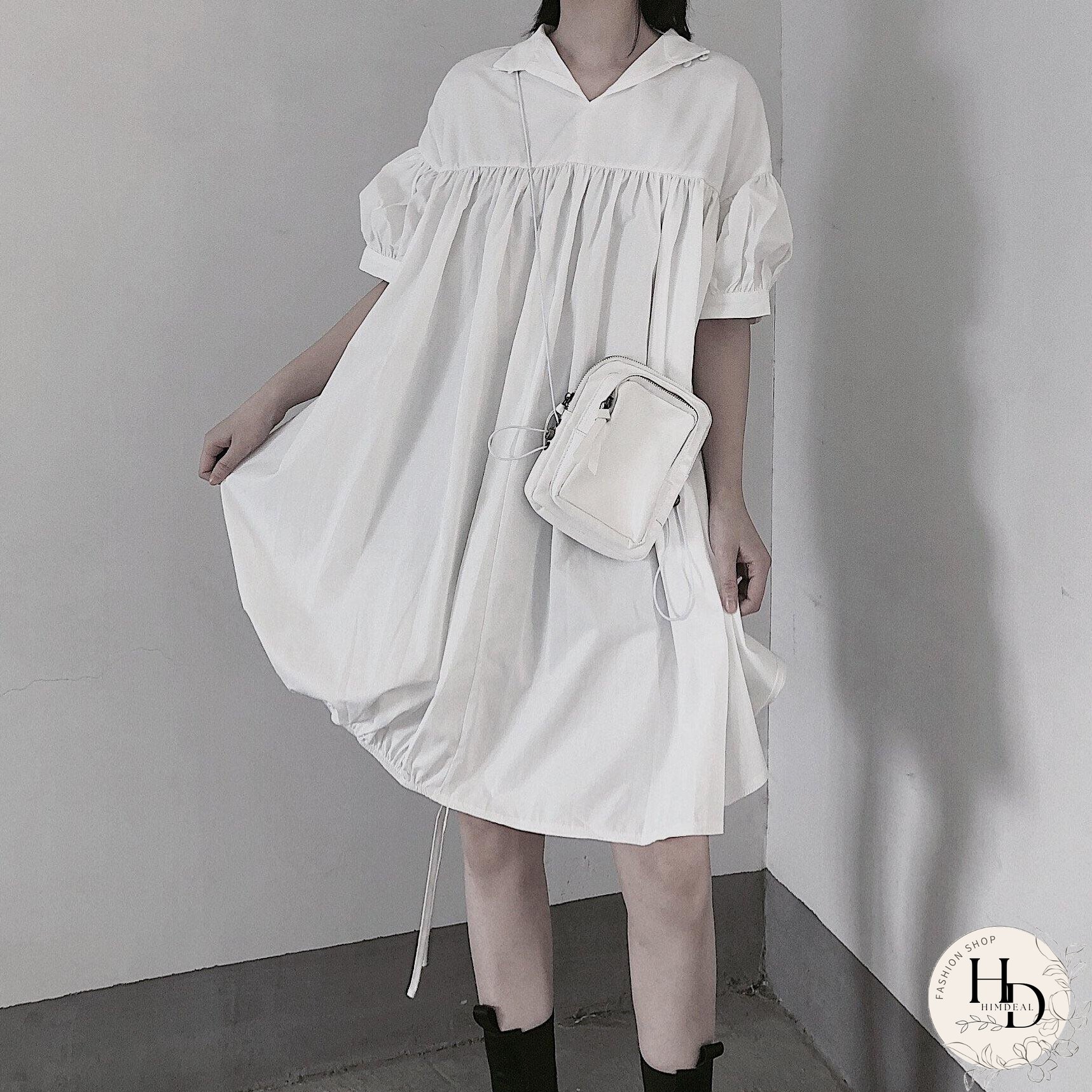 Modern White Dresses O Neck Drawstring loose Dress