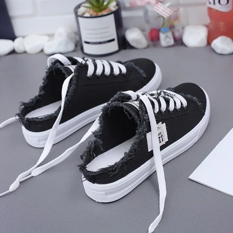 Hot New 2020 Spring Summer Women Canvas Shoes Flat Sneakers Women Casual Shoes Low Upper Lace Up White Shoes 35-41