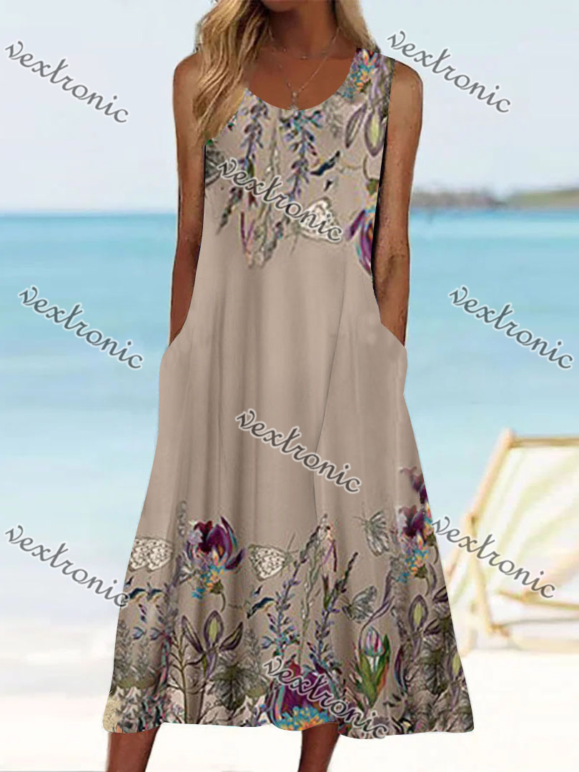 Women's Khaki V-Neck Sleeveless Graphic Floral Printed Midi Dress