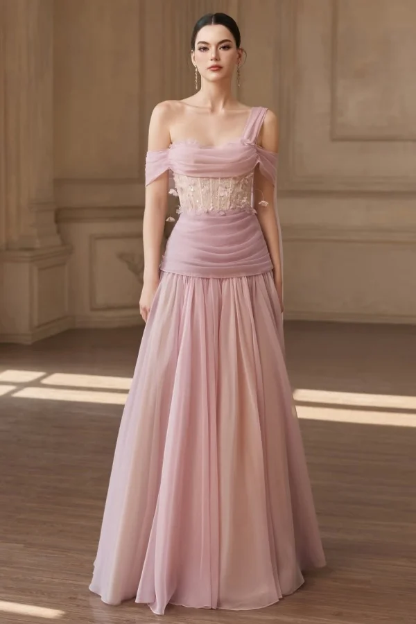 Miabel Elegant Chiffon Off the Shoulder Applique Prom Dress with Pleated     