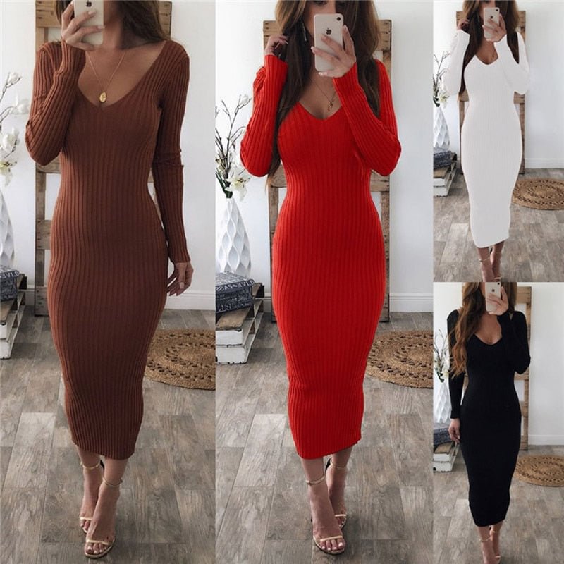 Knitted Sweater Dress Women 2020Fashion Spring Autumn Noodles Elastic Long Sleeve Bodycon Dress Black Red Sexy Midi Winter Dress