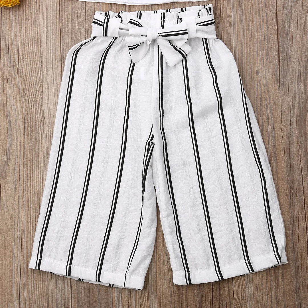 2019 Baby Summer Clothing Fashion Toddler Baby Girls Vest Off Shoulder Top Wide Stripe Pants Kids Clothes 2Pcs Set Outfits 2-7T