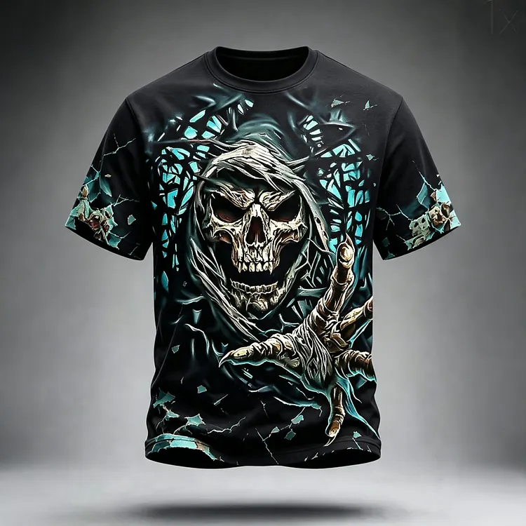 Men's Halloween Skull And Vine Print Crew Neck Short Sleeve T-shirt