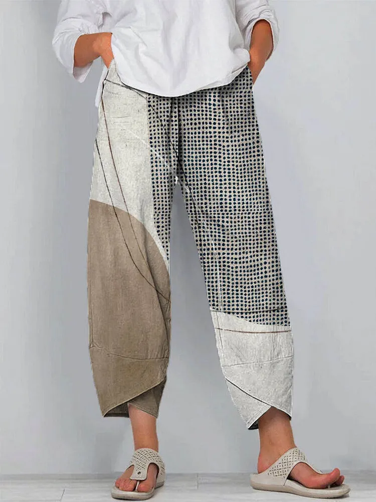 Women's Abstract Geometric Pattern Art Printed Cotton And Linen Casual Pants