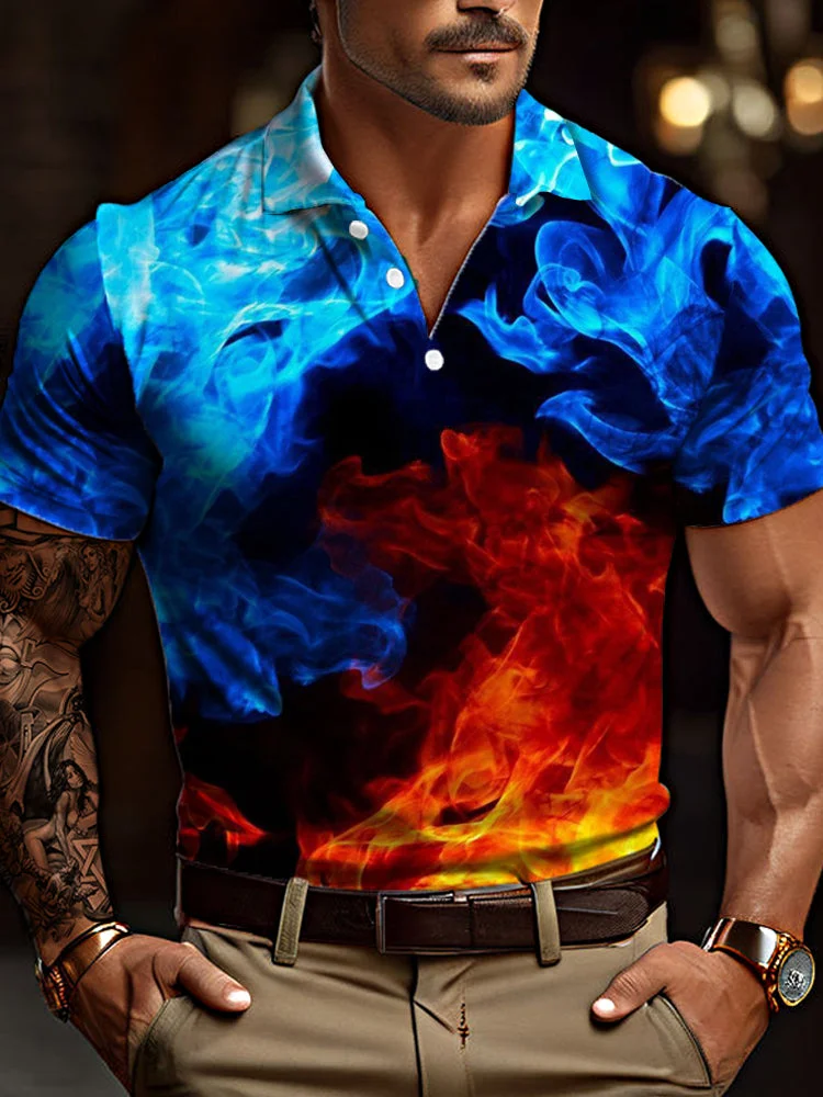 Stunning Style Blue And Red Flame Art Painting Printing Short Sleeve Polo BestDVibe