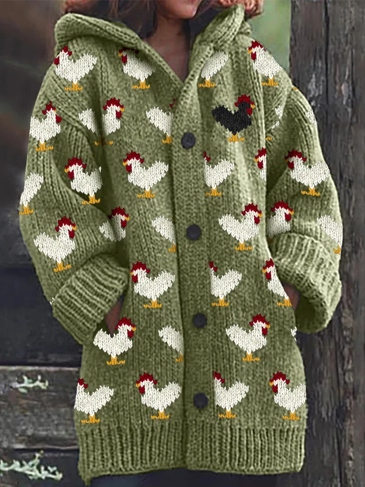 VChics Vintage Rooster Pattern Cozy Knit Hooded Cardigan