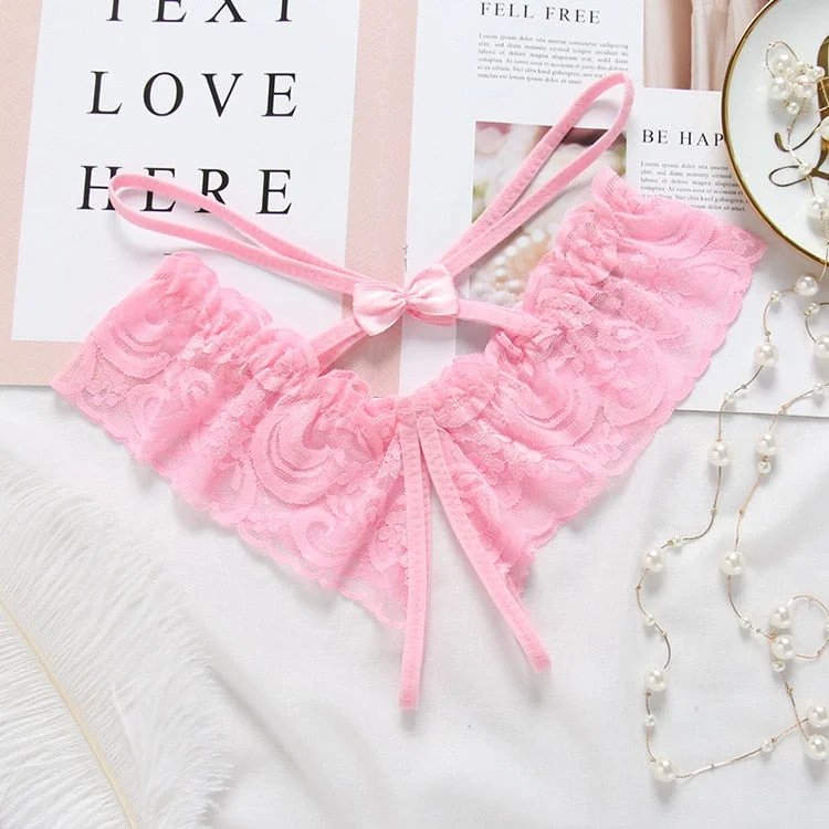 Women's sexy lace underwear open C mesh panties bowknot thong sexy underwear hollow erotic lingerie ladies low waist panties